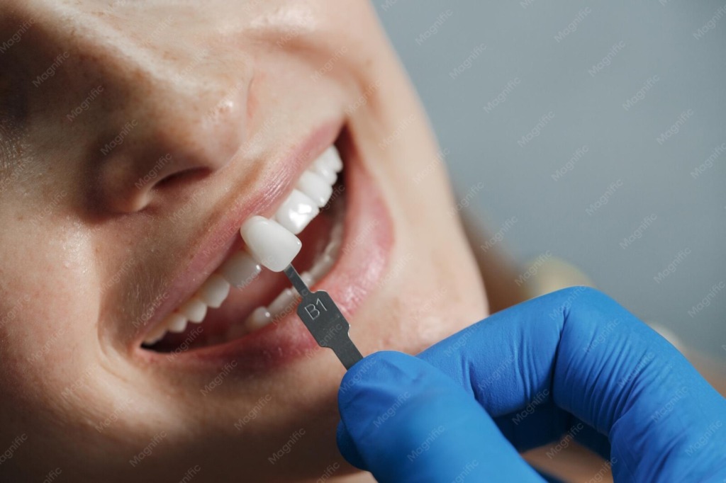 Anprobe eines Veneers an der Frontzahnreihe