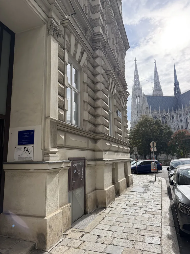 Hauseingang der Zahnarztpraxis in der Günthergasse 2 mit Blick auf die Votivkirche, 1090 Wien